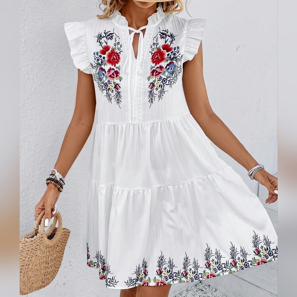 Summer Easter White Floral Print Women's Dress With Ruffle Sleeves - Picture 4 of 4